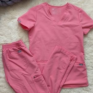 FIGS neon pink yola scrub pants XS Petite + casma top XXS